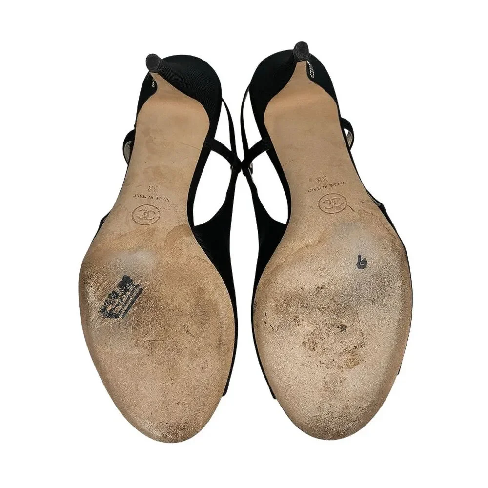 Chanel Slingback Sandal Grosgrain Crystal CC Logo Bow Heels EU 38 Black Peep Toe - Picture 11 of 12